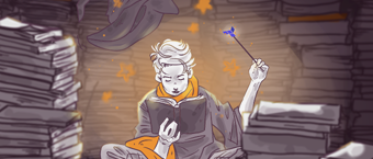 Illustration of a person with a whimsical hairstyle sitting amidst piles of books, holding a wand up with magical sparks and reading a book with intense focus.