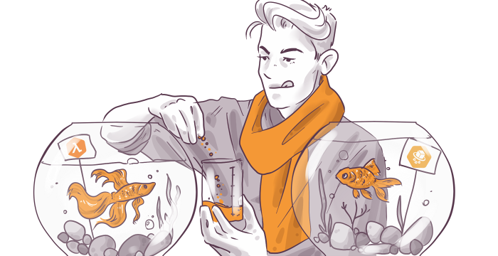 Illustration of a person feeding goldfish in two separate fishbowls, comparing fish sizes, with a playful expression.