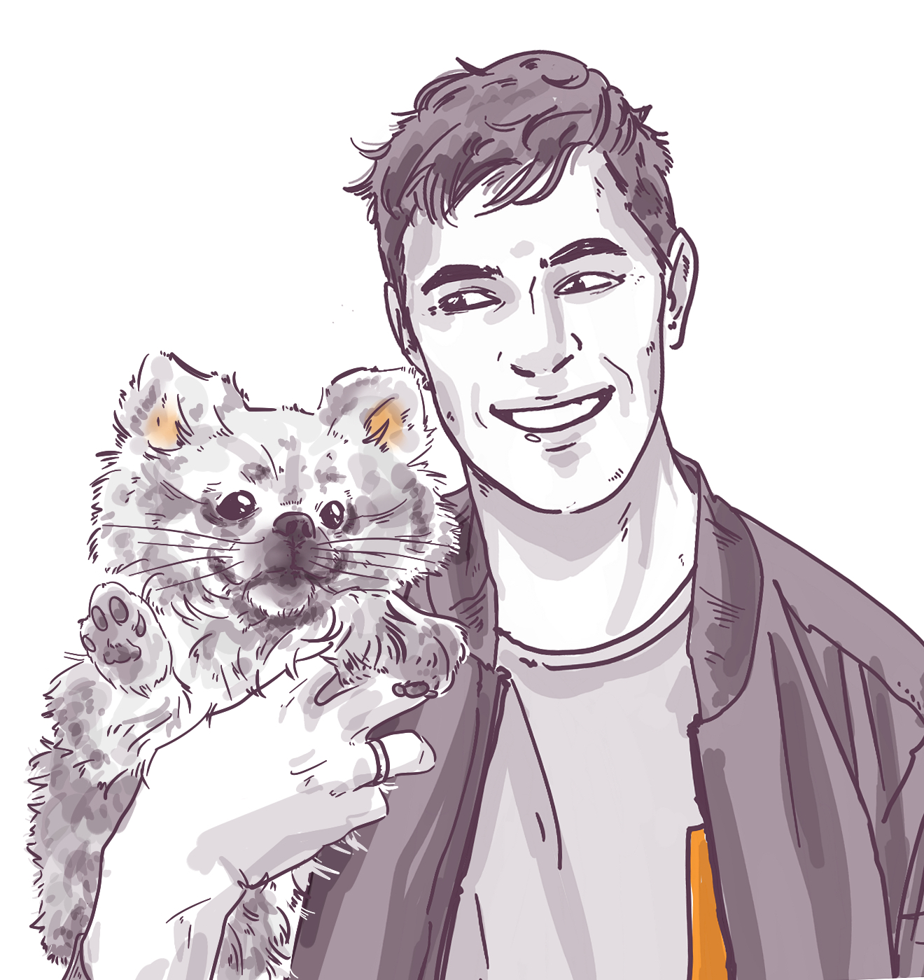 Illustration of a smiling man holding a fluffy cat with grayish fur and bright orange-yellow eyes.