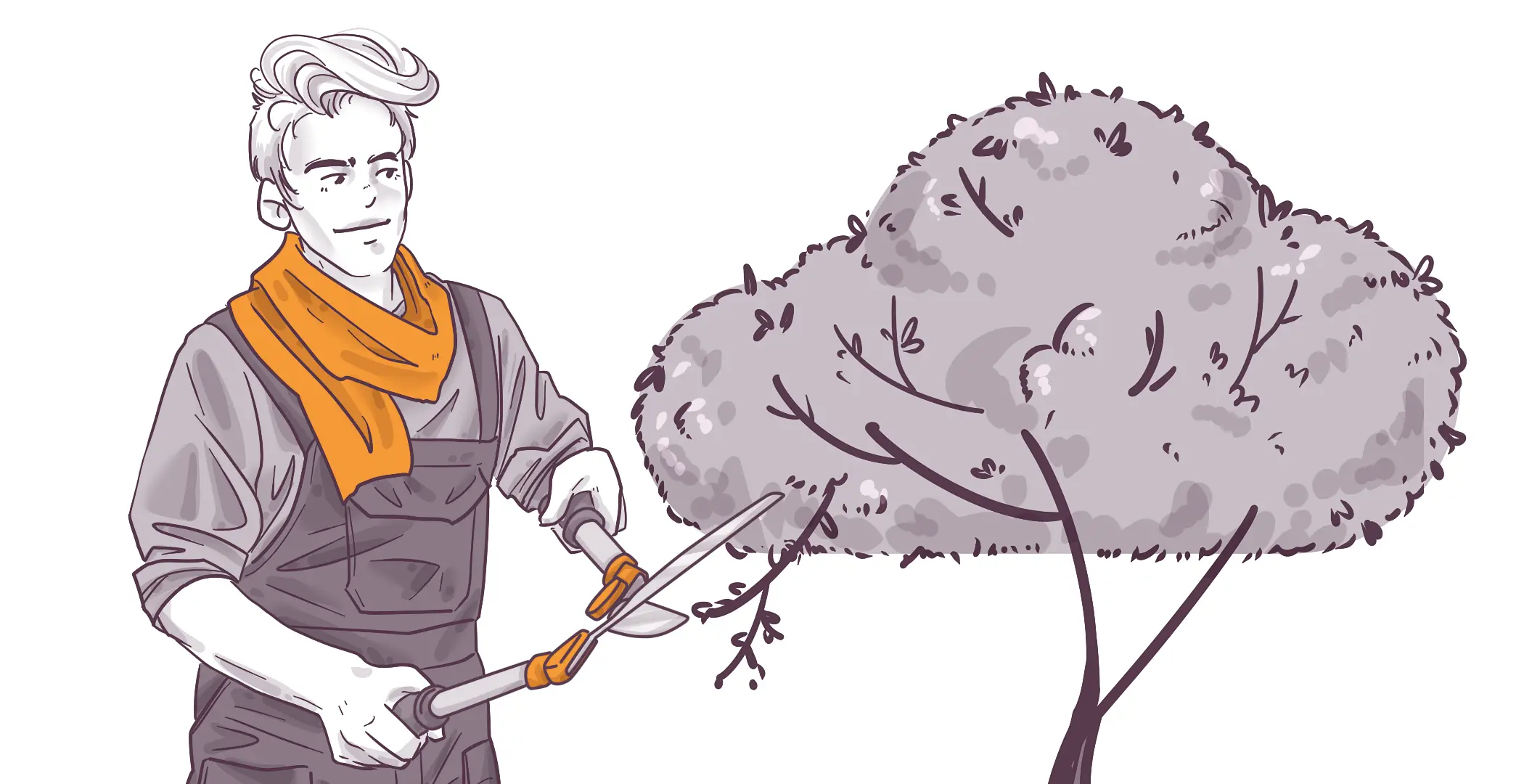 Illustration of a stylish person with an orange scarf pruning a bush with large secateurs, focusing on shaping the branches of the plant.