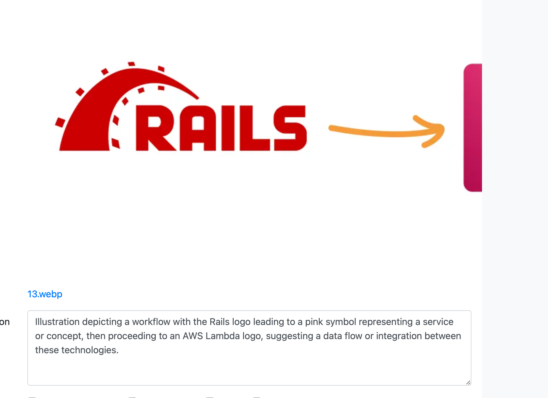 Rails logo with an arrow pointing towards a pink symbol, indicating integration or data flow towards a service or AWS Lambda function.