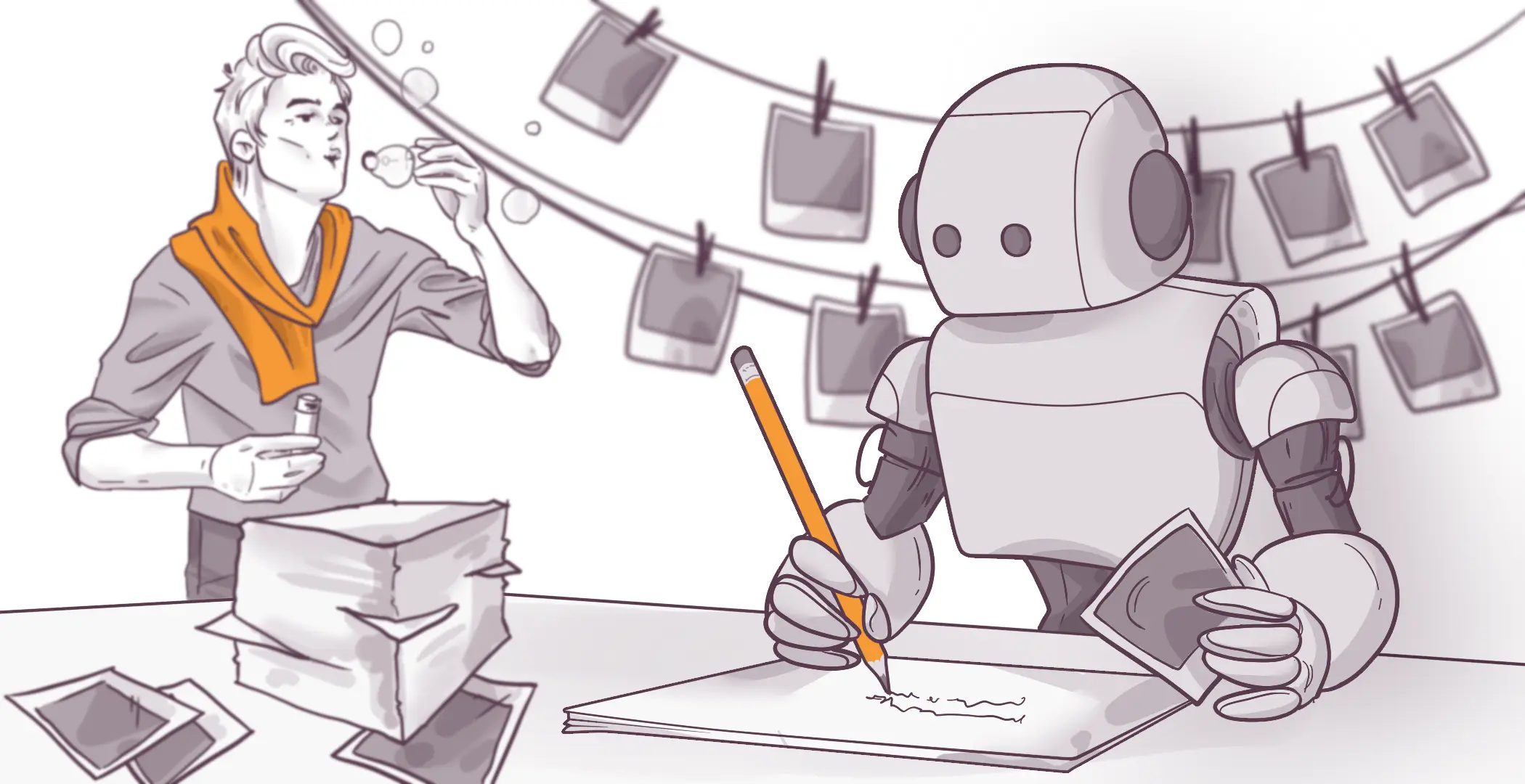 Illustration of a person blowing bubbles next to a robot writing with a pencil, with photographs hanging on a line in the background.