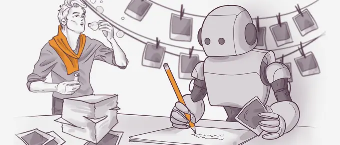 Illustration of a man blowing bubbles and a robot writing at a desk, both surrounded by floating photographs in a whimsical setting.