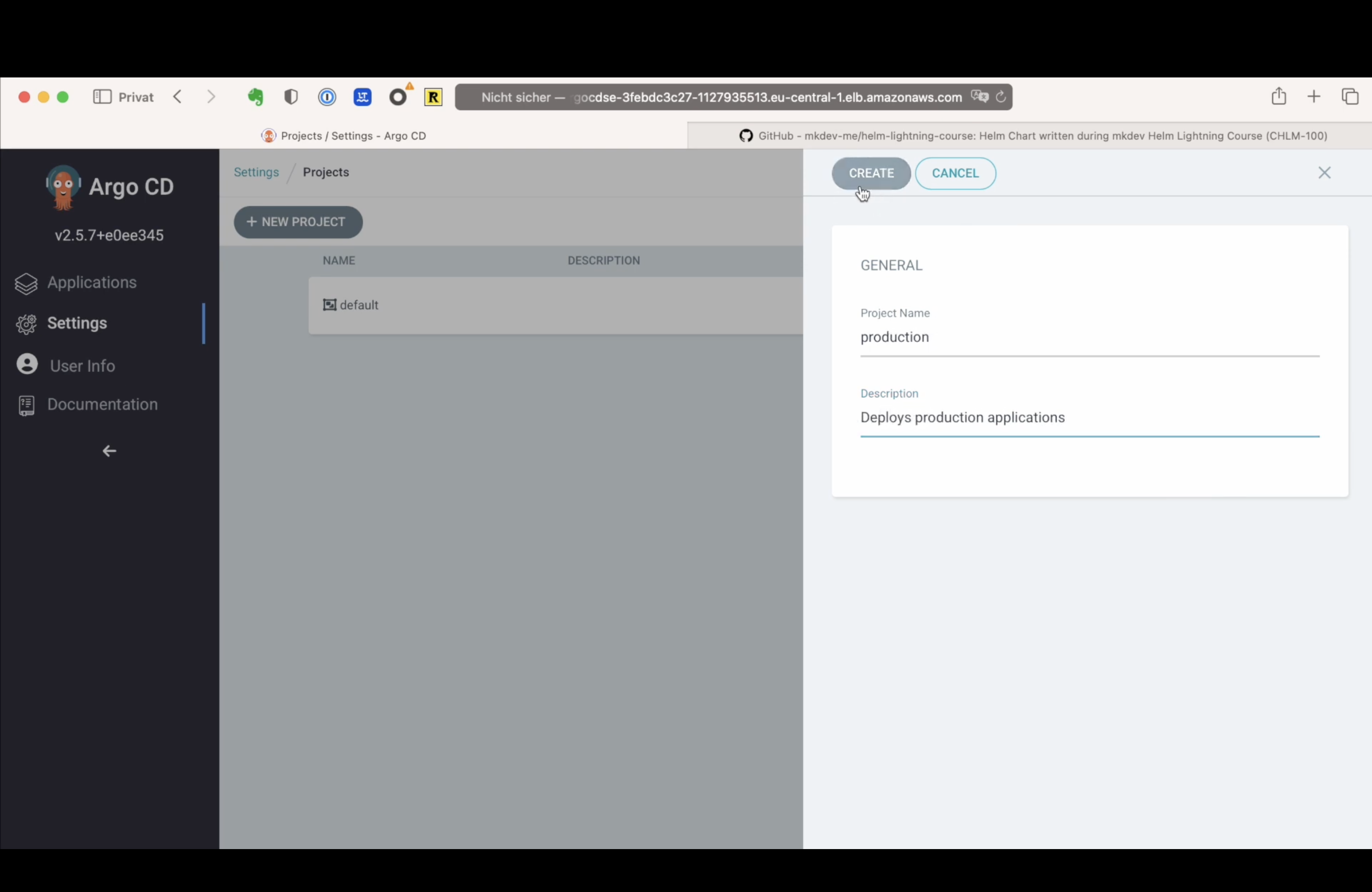 Screenshot of the Argo CD web interface with a 'New Project' dialog open, displaying fields for 'Project Name' and 'Description' filled with 'production' and 'Deploys production applications', respectively.