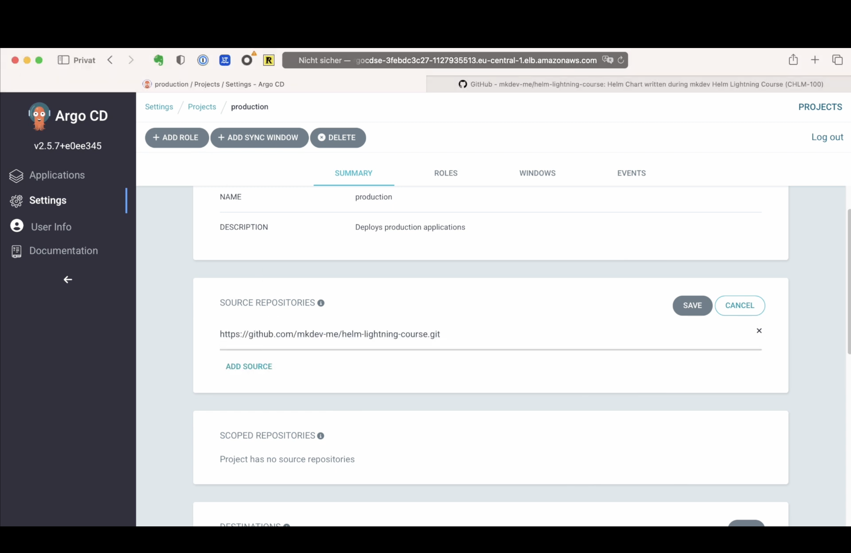 Screenshot of the Argo CD web interface showing project settings with source repository information, project summary, and options to add roles, sync windows, or delete the project.