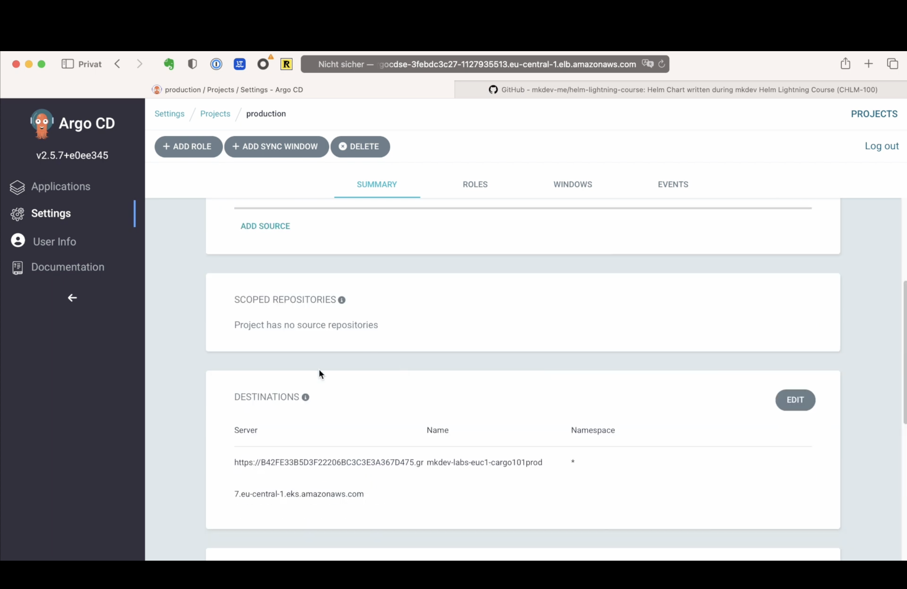 Screenshot of an Argo CD application interface showing settings for 'production' with no source repositories and a destination specified, including a URL and namespace details.