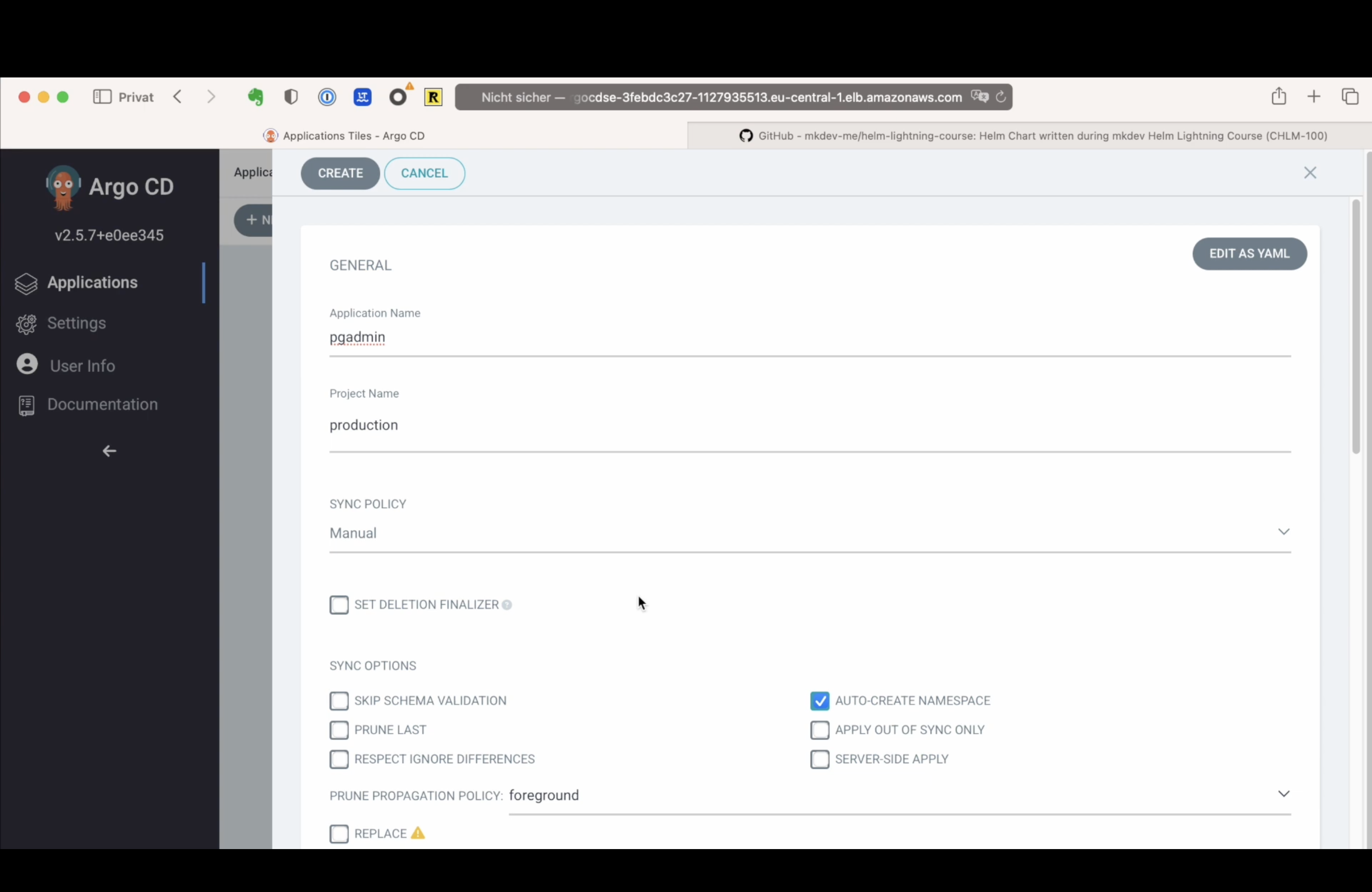 Screenshot of Argo CD web interface v2.5.7 displaying an application creation dialog with fields for 'Application Name' and 'Project Name', and various sync policy options.