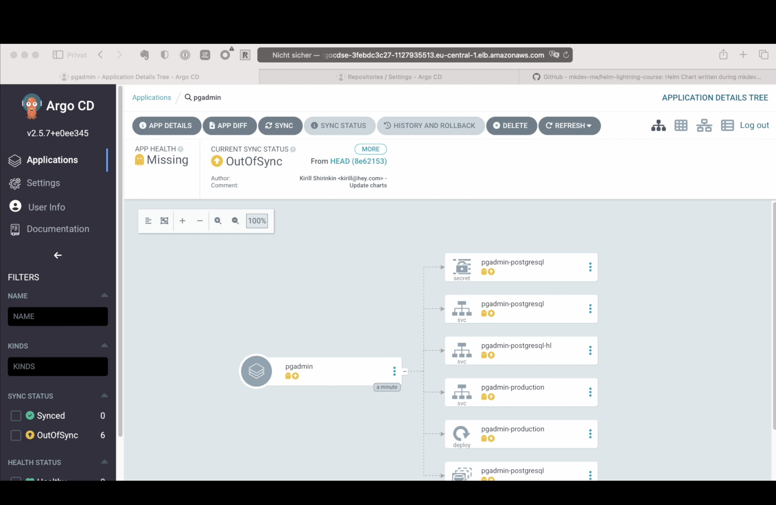 Screenshot of the Argo CD user interface showing an Application Details Tree with various resources related to 'pgadmin' in different states like 'OutofSync' and 'Missing'.