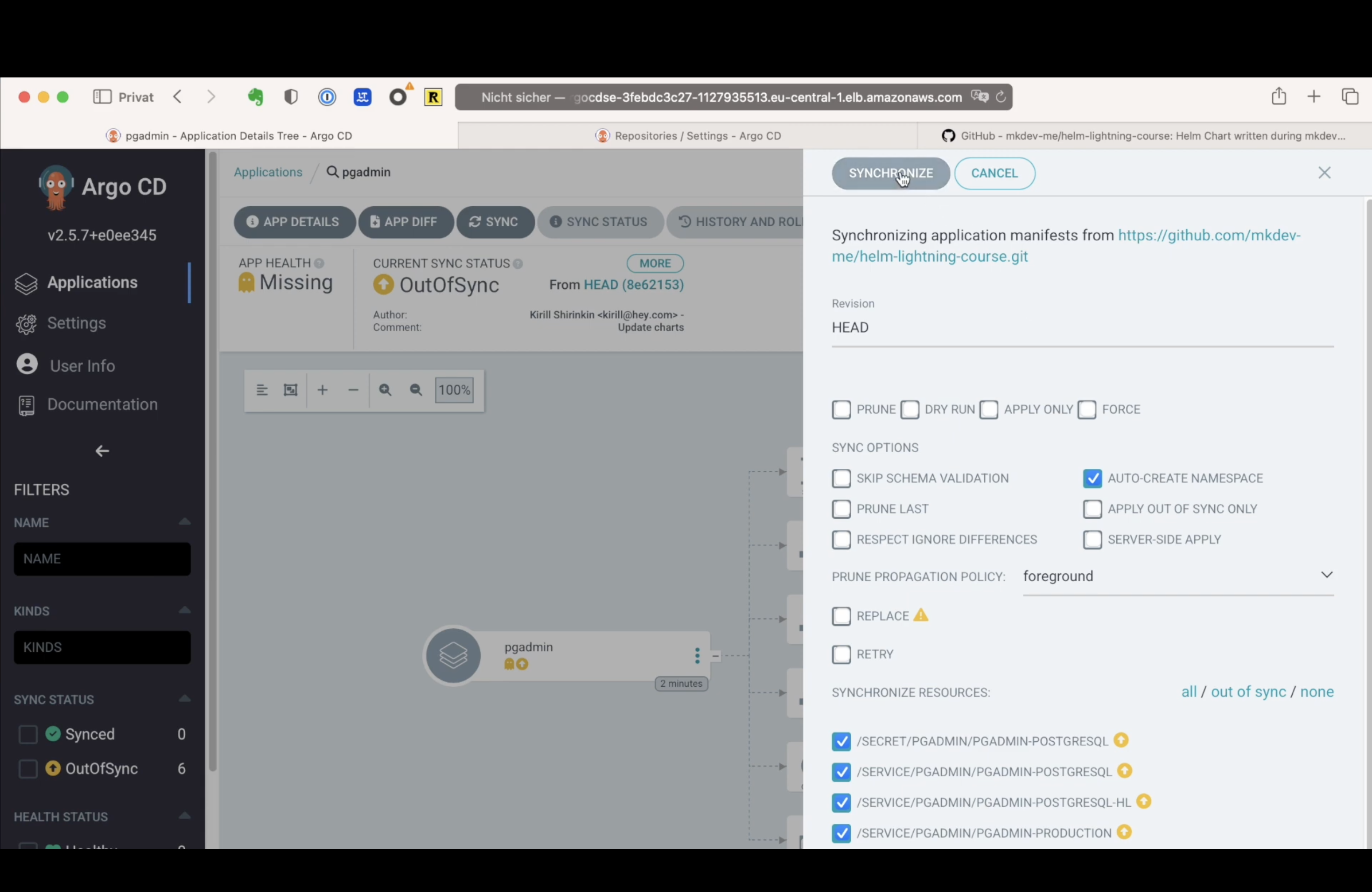 Screenshot of Argo CD user interface showing application details with 'OutOfSync' status and synchronization options panel for updating application manifests from a GitHub repository.