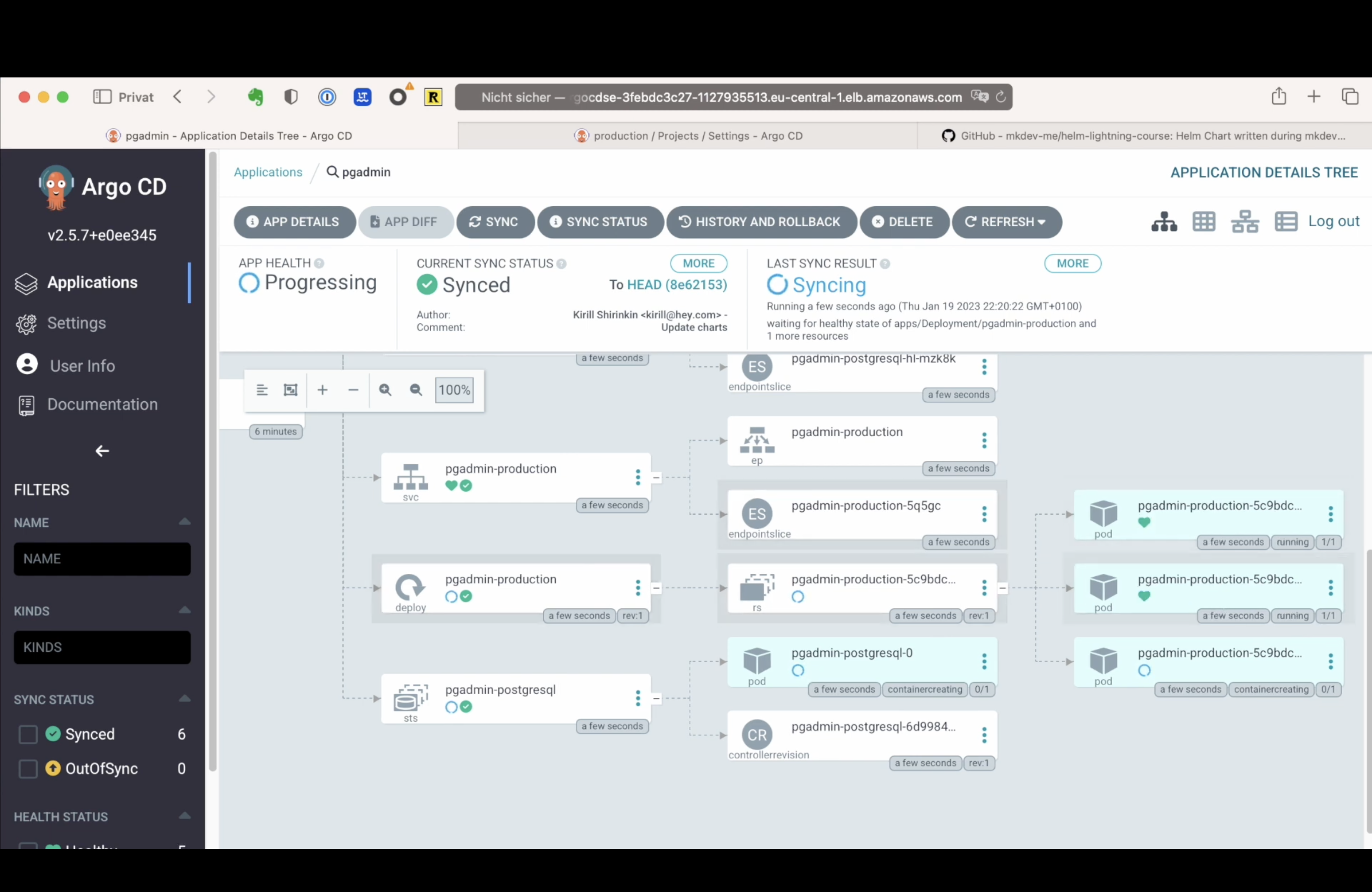 Screenshot of Argo CD web interface showing application details with a topology map of services, deployments, and pods in a running state within a software deployment process.