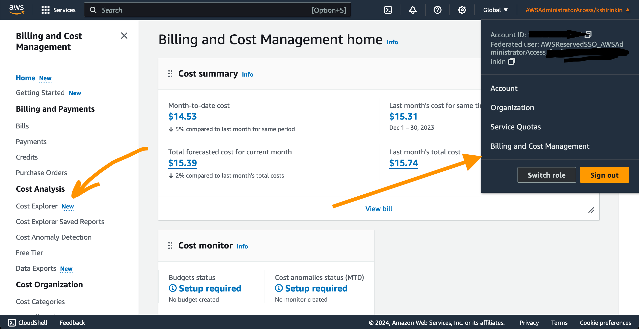 Screenshot of AWS Billing and Cost Management dashboard displaying cost summary, account ID, and highlighted sections for 'Cost Analysis' and 'View bill' options.