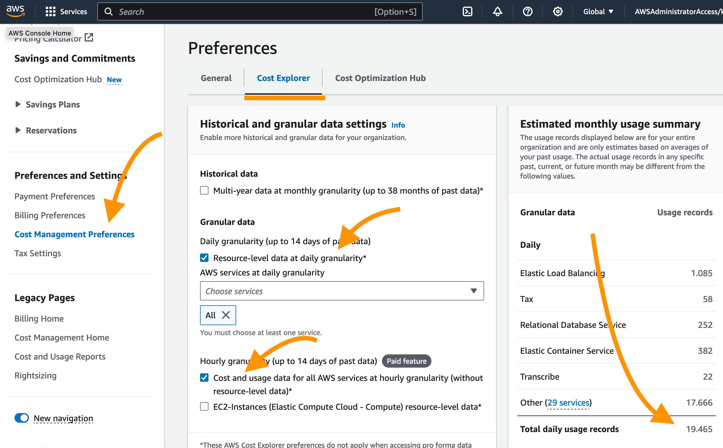 Screenshot of AWS Management Console highlighting 'Cost Management Preferences' and 'Estimated monthly usage summary' in the Cost Explorer preferences section.