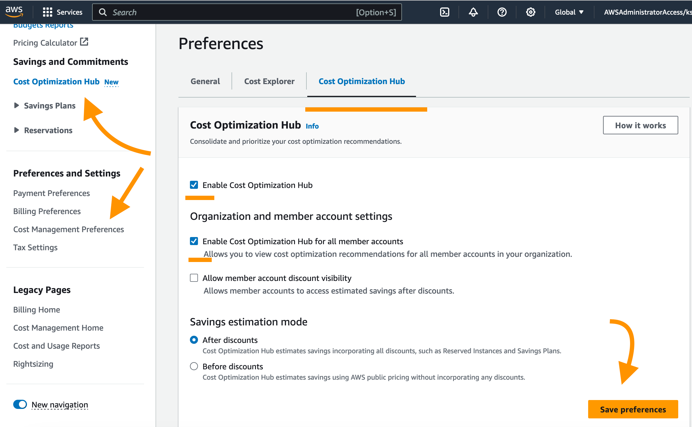 Screenshot of AWS Cost Optimization Hub settings with options to enable for all accounts, allow discount visibility, and select savings estimation mode, with 'Save preferences' button.