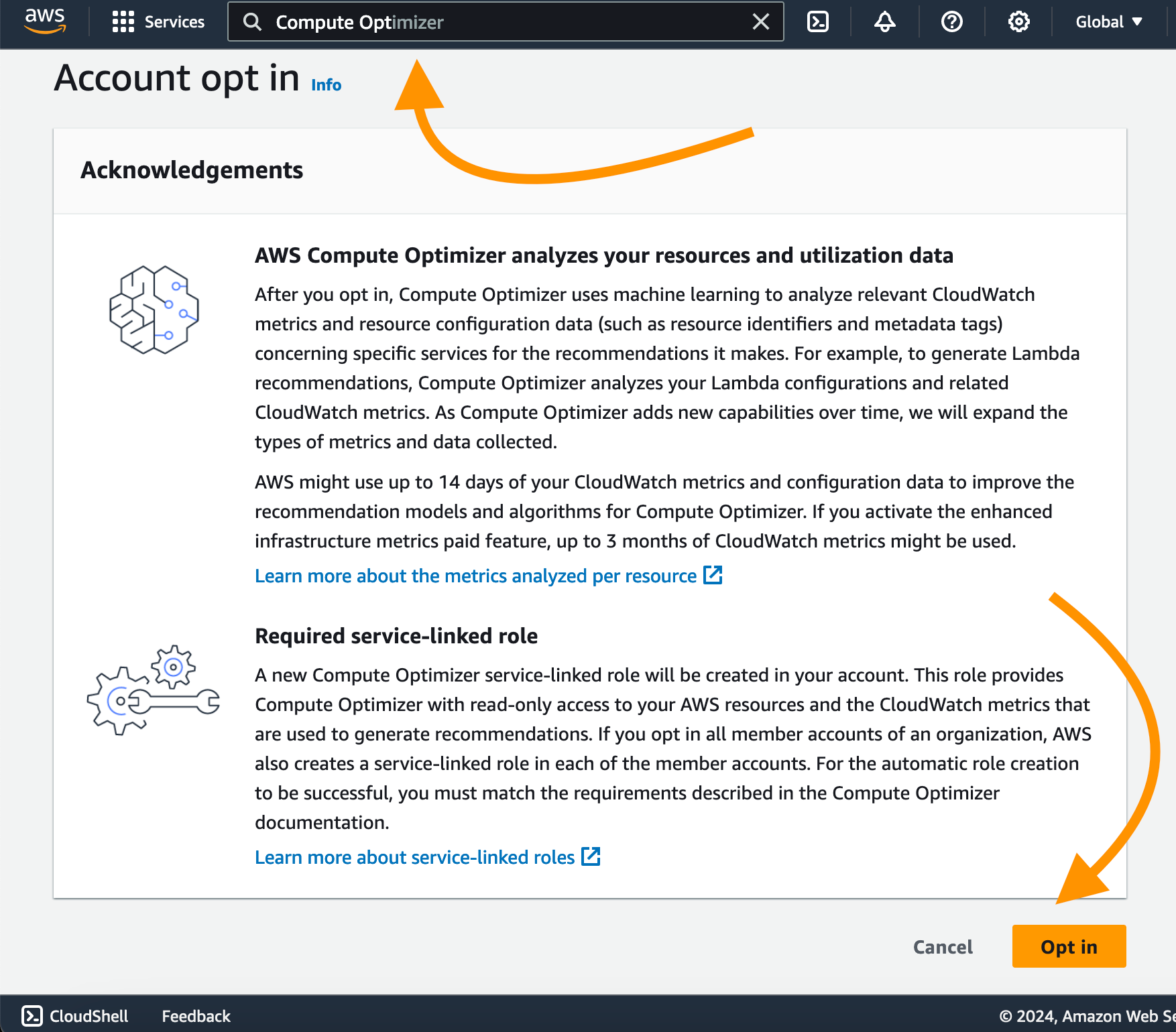 Screenshot of AWS Compute Optimizer account opt-in page detailing resource analysis via machine learning, required service-linked role, and an 'Opt in' button highlighted by an orange arrow.