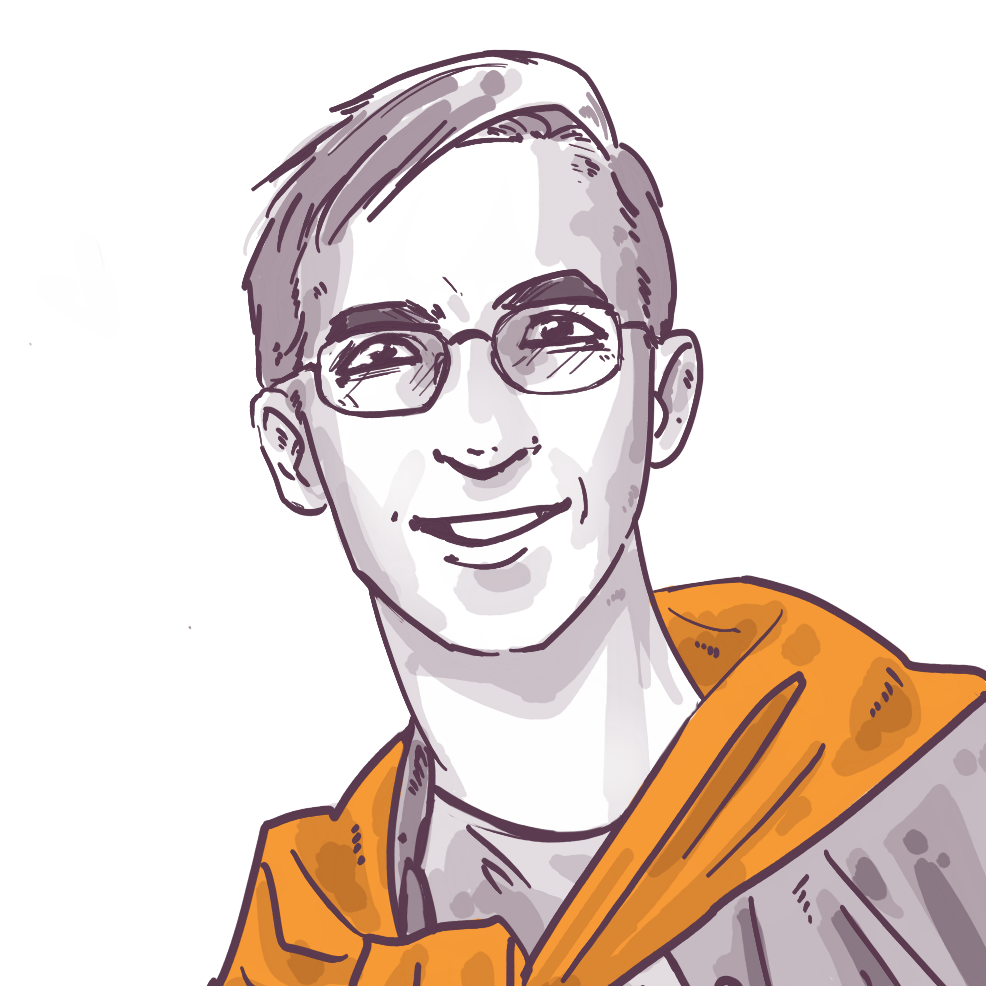 Illustration of a smiling person with glasses wearing a hoodie.