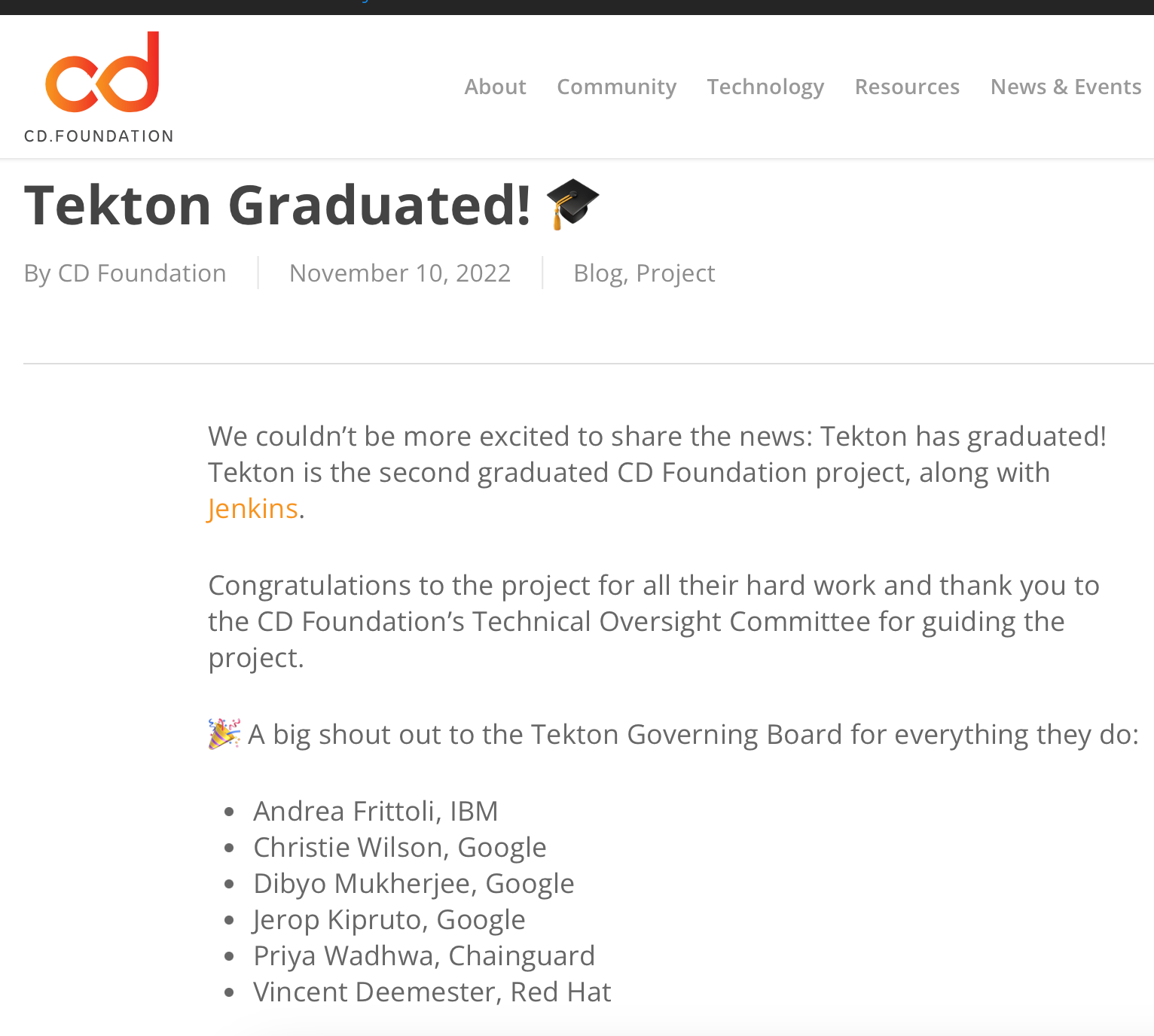 A screenshot of a CD Foundation webpage announcing the graduation of Tekton project with a list of names from the Tekton Governing Board.