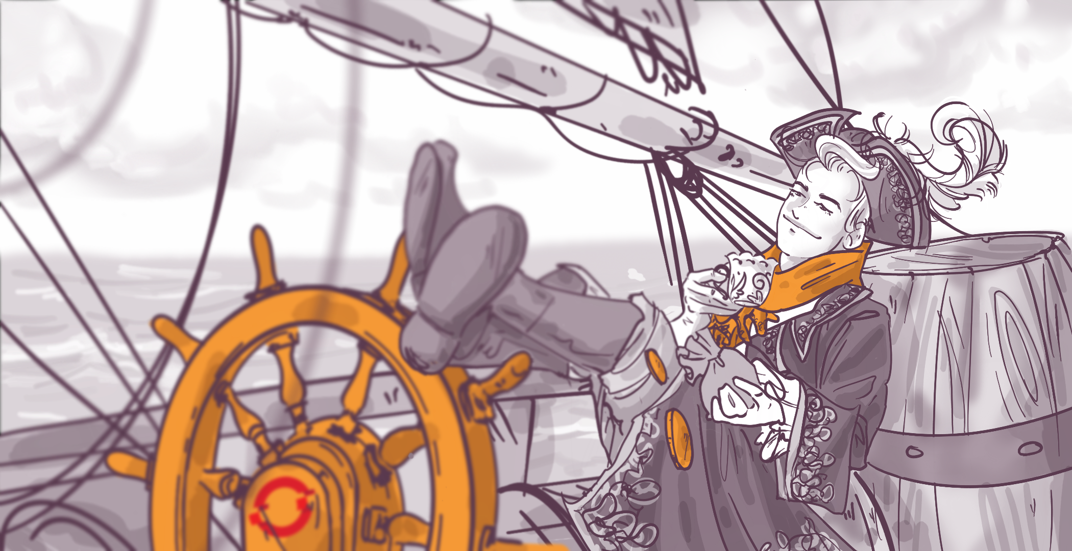 An illustration of a contented person with a feathered hat, leaning back with their feet up on a ship's wheel while holding a sandwich, with sailing ship elements and a cloudy sky in the background.