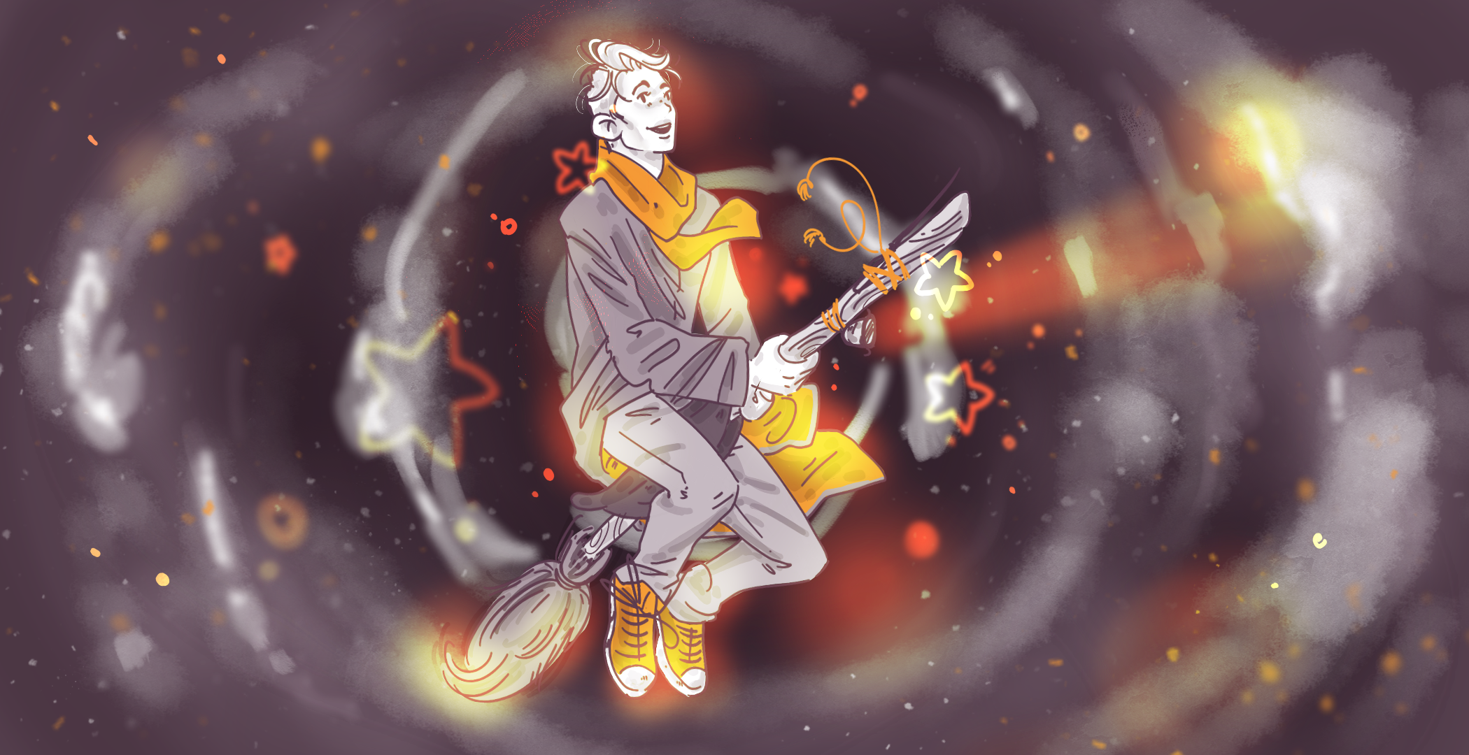 Illustration of a stylized character with pointy ears and a playful expression, seated and holding a magic wand, surrounded by a swirling cosmic background with stars and sparkles.