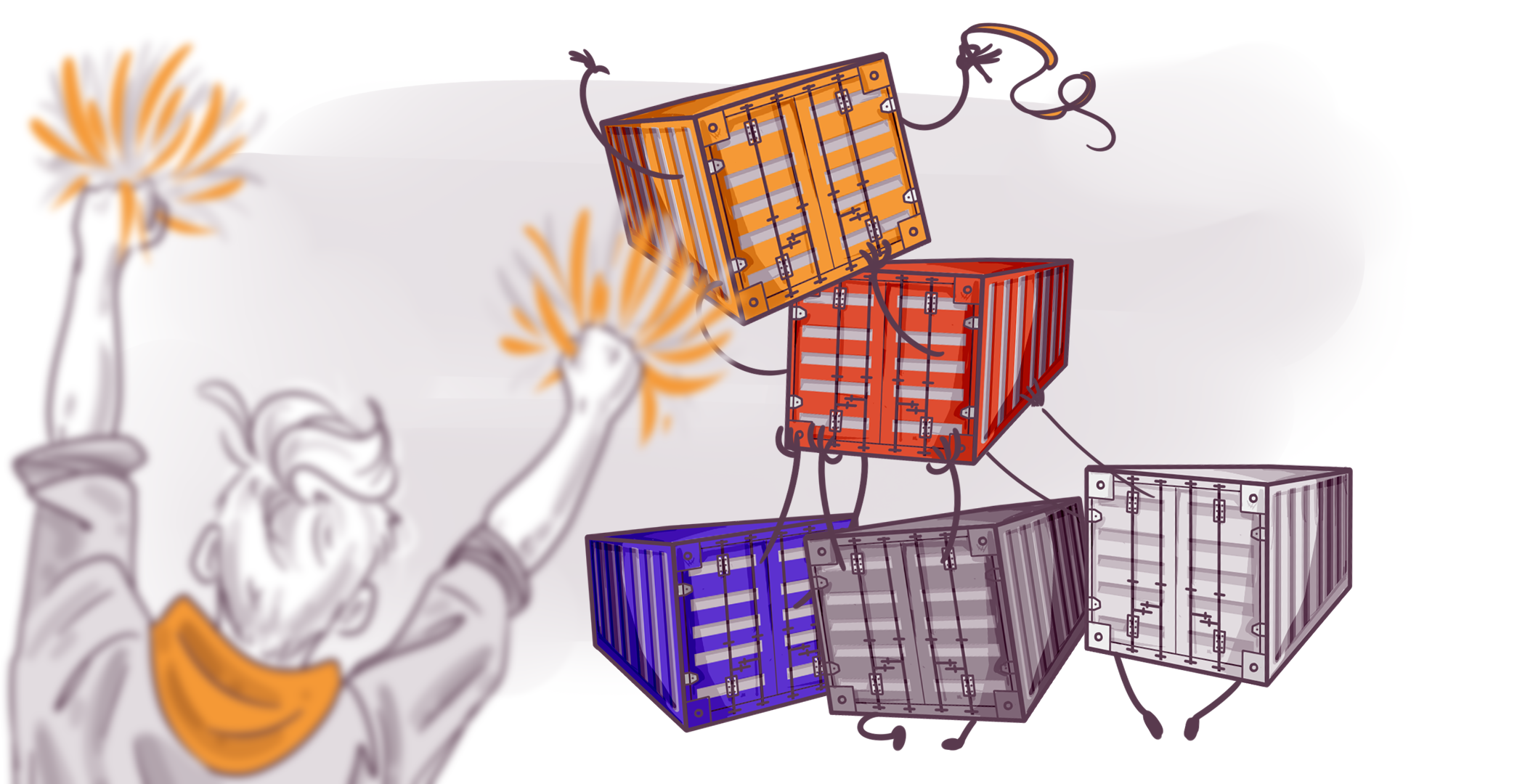 Illustration of an animated character cheerfully juggling colorful cargo containers, expressing a sense of playfulness and control amidst logistics or supply chain management.