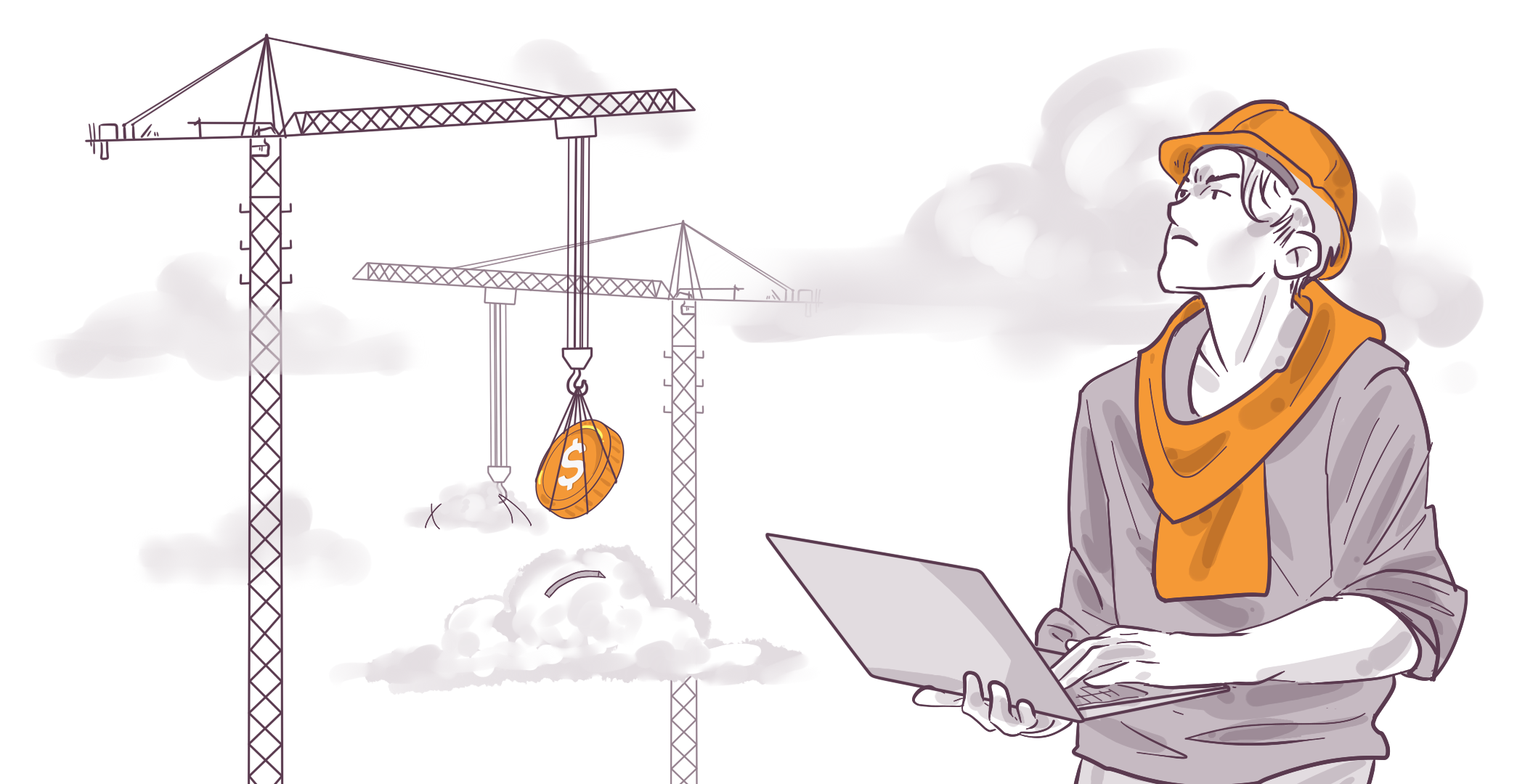 Illustration of a person in a hardhat looking up, holding a laptop with construction cranes lifting bags of money in the background.