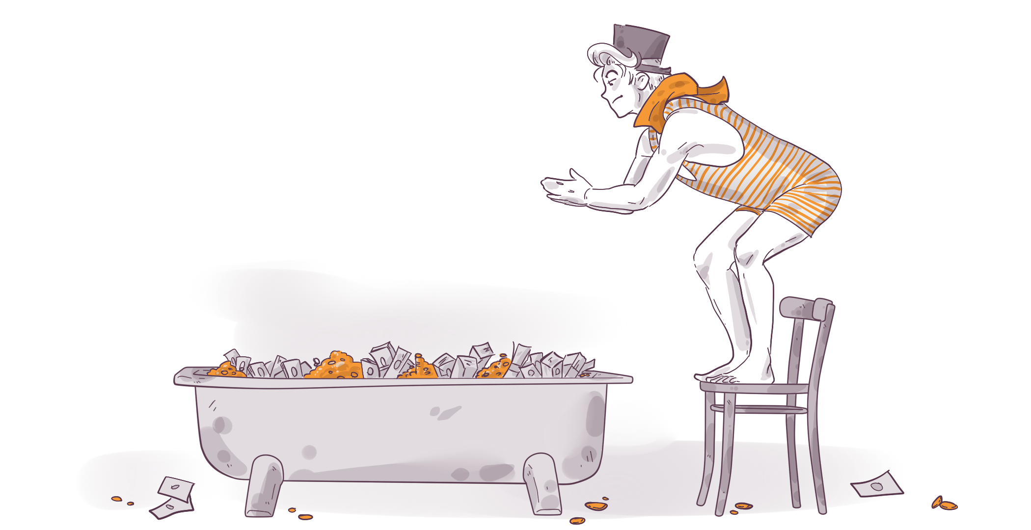 Illustration of a cartoon character in old-fashioned swimwear and top hat diving into a bathtub full of coins and banknotes, with a wooden chair beside the tub.