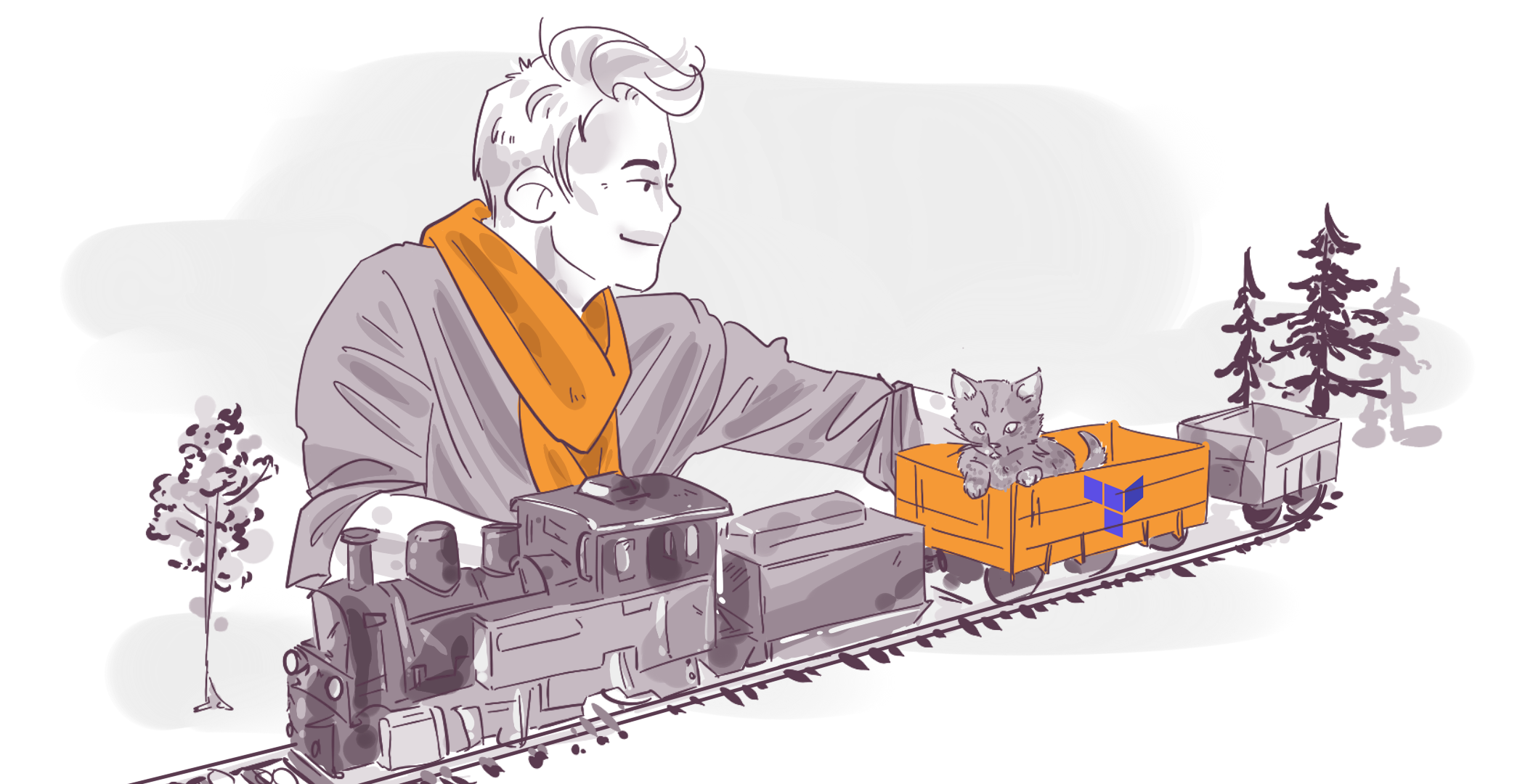 Illustration of a smiling person playing with a toy train, which has a cat sitting in one of the cars, against a simplistic backdrop with trees.