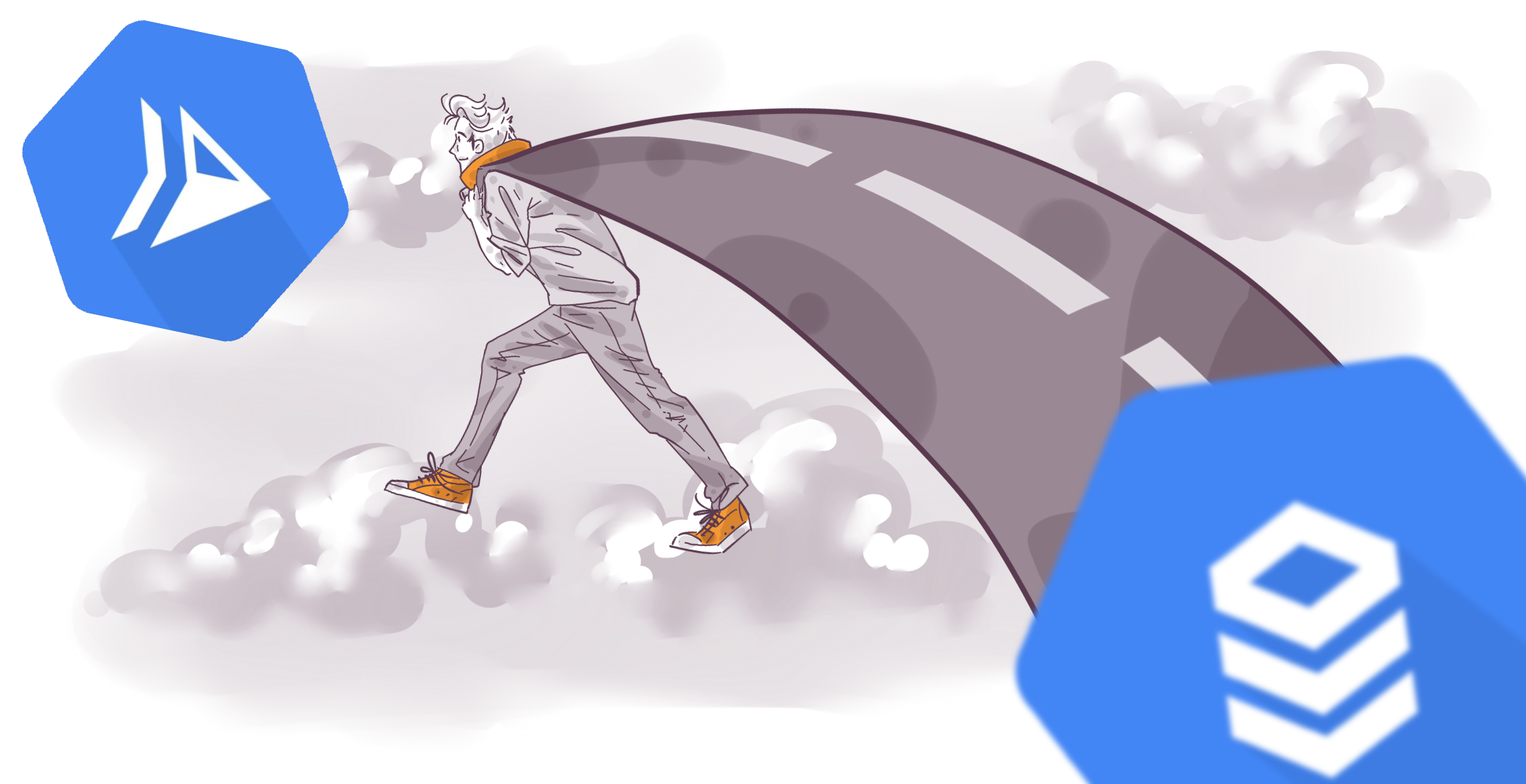 Illustration of a person surfing a curved road among clouds with stylized hexagon logos for Azure DevOps and GitHub floating around.