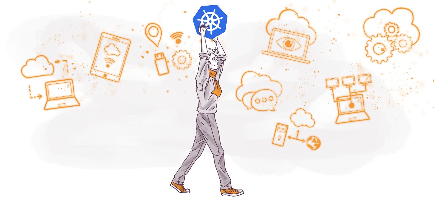 Illustration of a person raising a Kubernetes logo overhead, surrounded by technology and communication icons like laptops, smartphones, and gears.