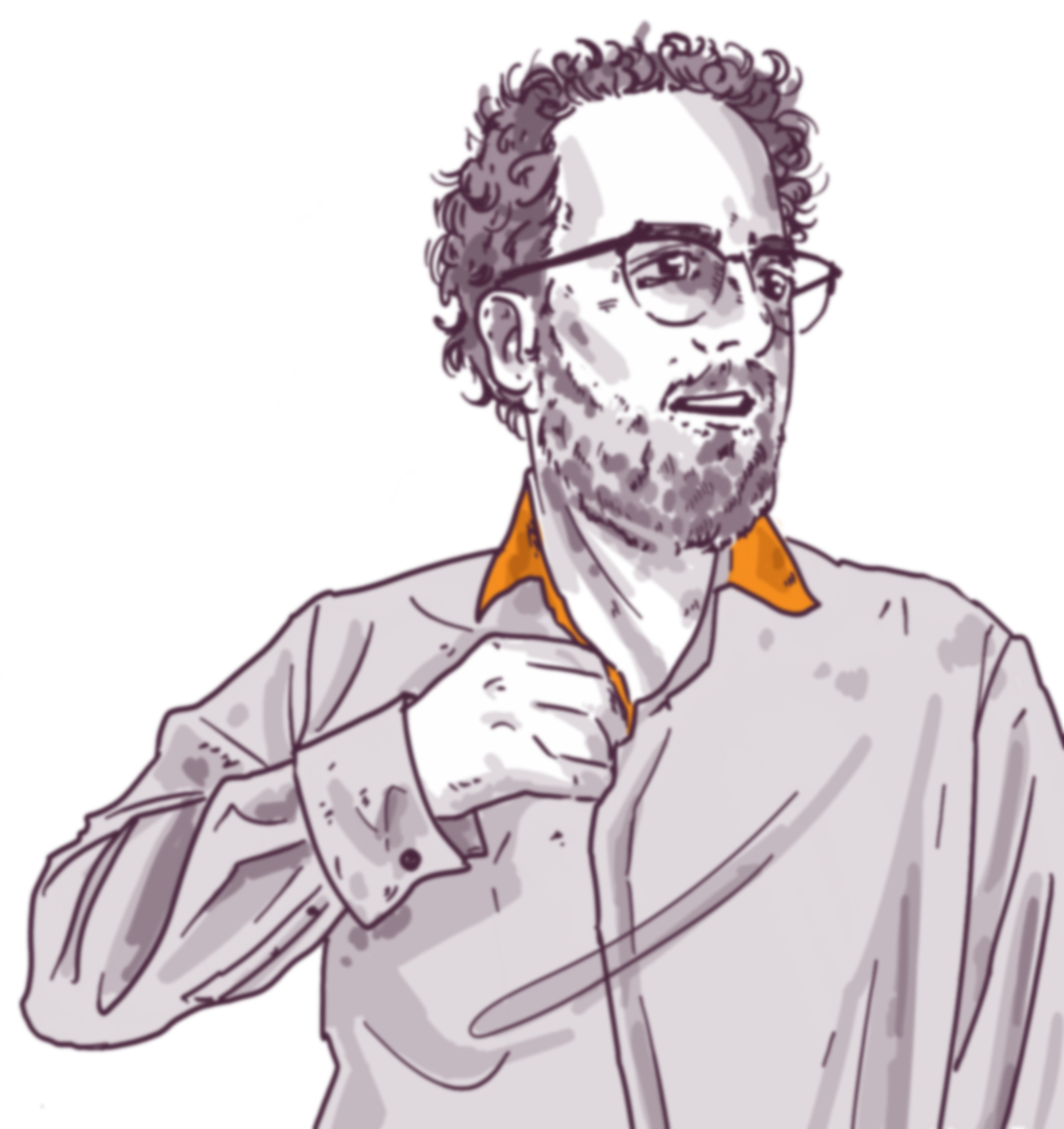 Illustration of a man with curly hair and beard, wearing glasses, a collared shirt, and adjusting his cuff. He appears contemplative or mid-gesture.