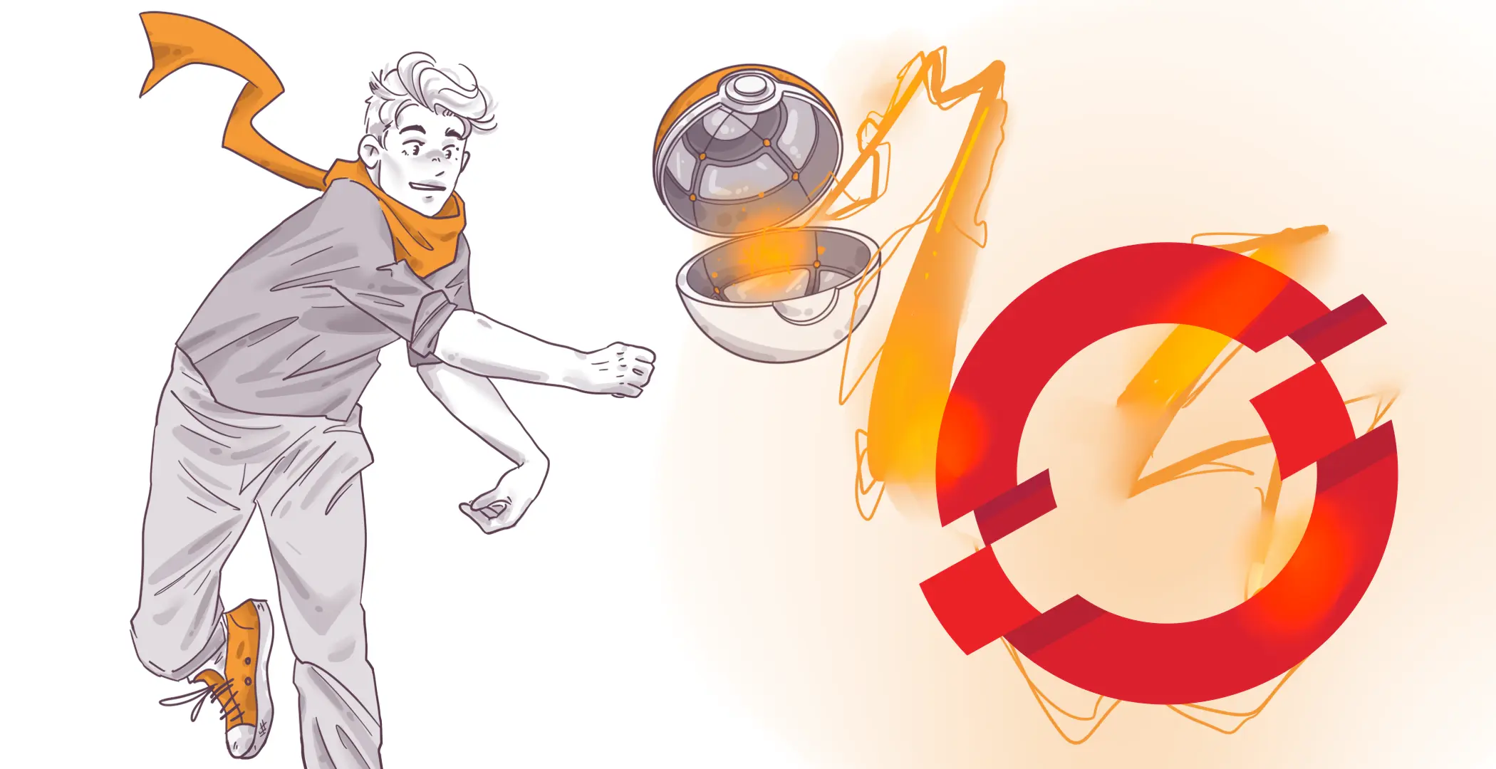 Illustration of a stylized male character in a dynamic pose with a soccer ball, split potion cauldron, and a graphic red and yellow circular emblem.