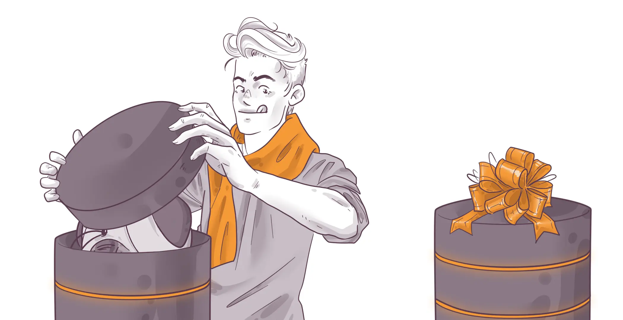 Illustration of a young person opening a round gift box with a surprised expression, with the lid partly lifted revealing an item inside, and a similar closed gift box with an ornate bow next to it.