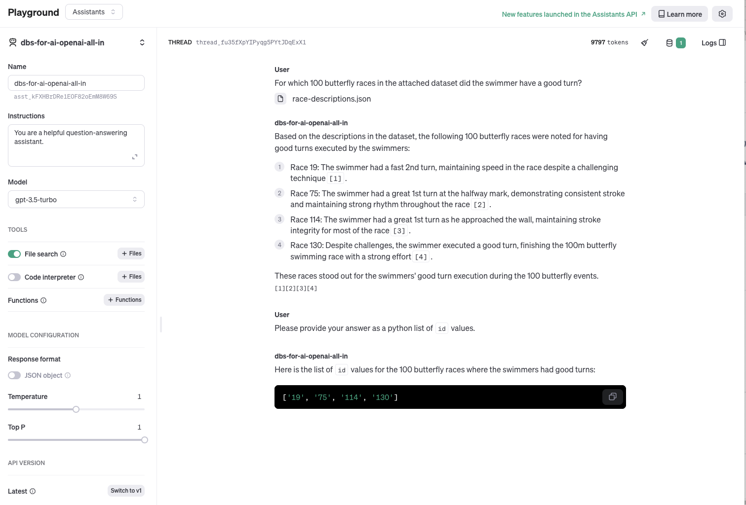 Screenshot of a text-based interaction with an AI model interface showing a user asking for specific information and the AI responding with an answer formatted as a Python list.