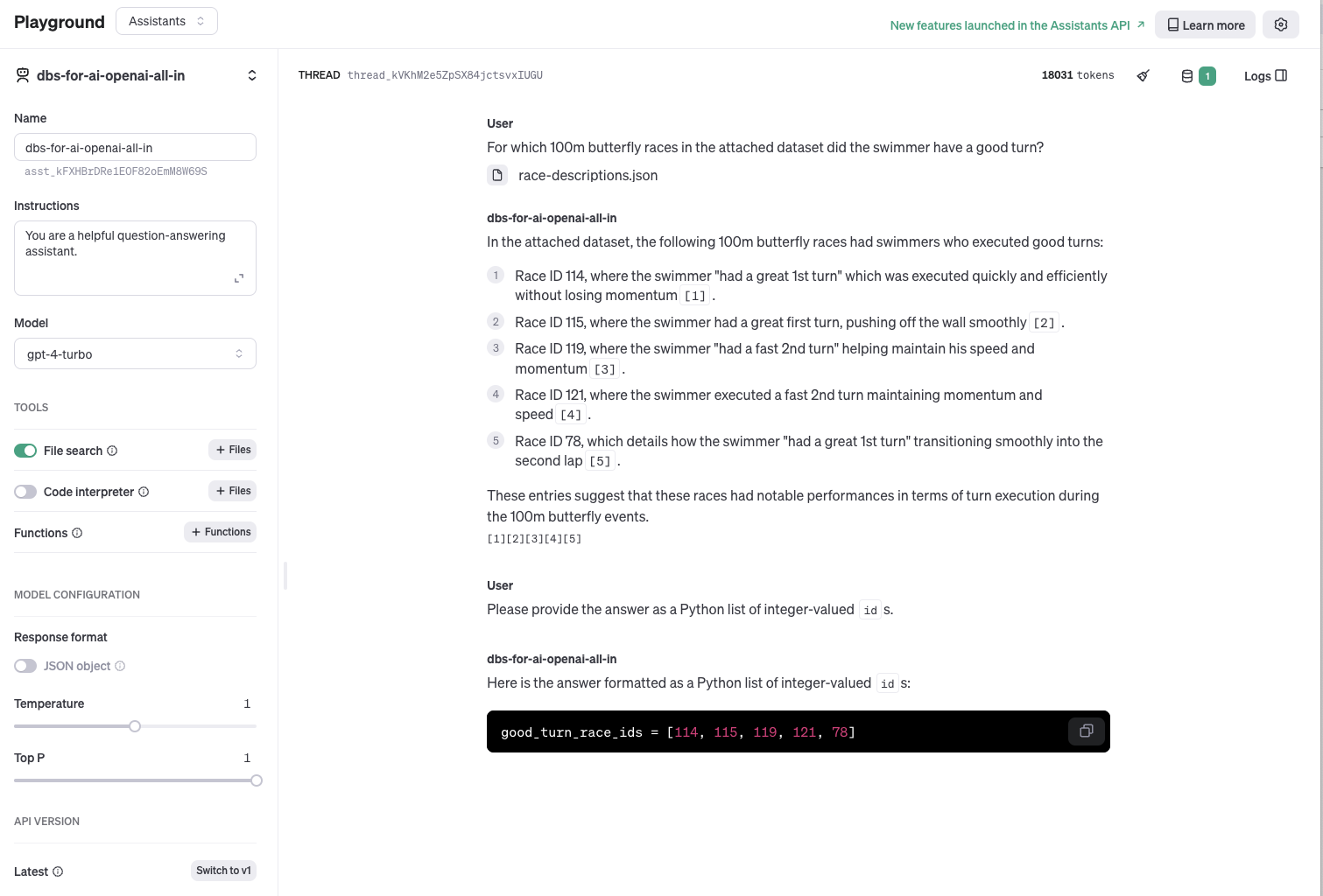 A screenshot of a conversational AI platform interface showing a dialogue between a user and an AI model discussing good turns in 100m butterfly races, with the AI providing a Python list of race IDs as a response.