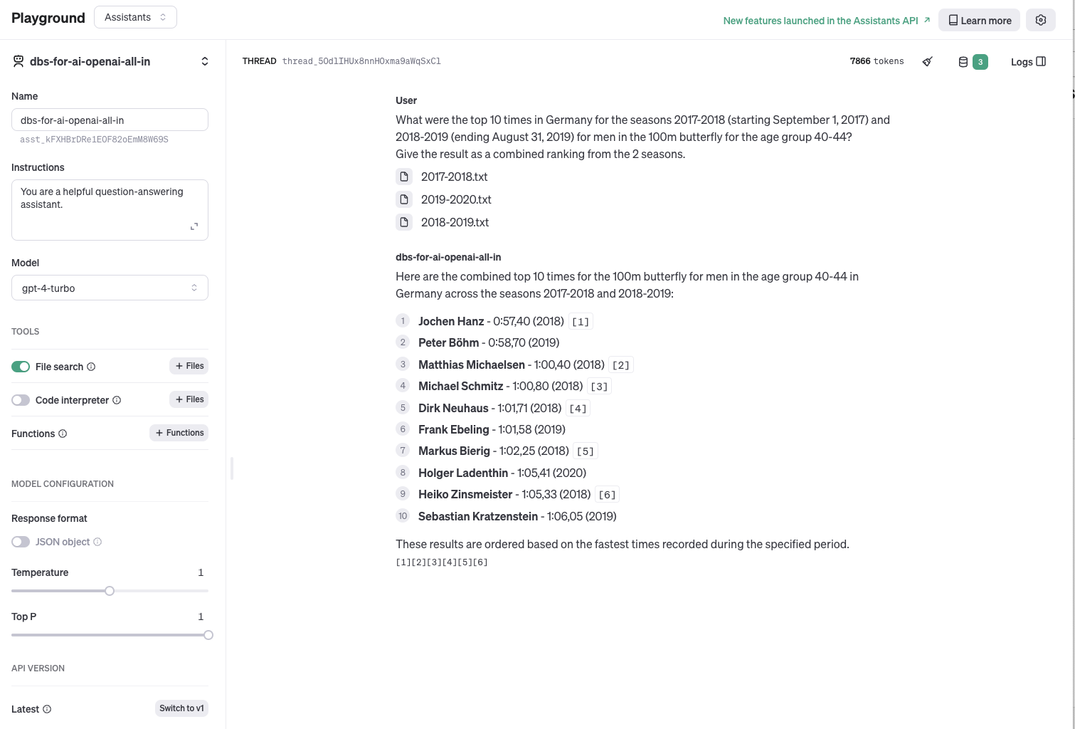 A screenshot of a digital assistant interface showing a user's request and the assistant's response listing the top 10 times for the 100m butterfly for men in the age group 40-44 in Germany for seasons 2017-2018 and 2018-2019.