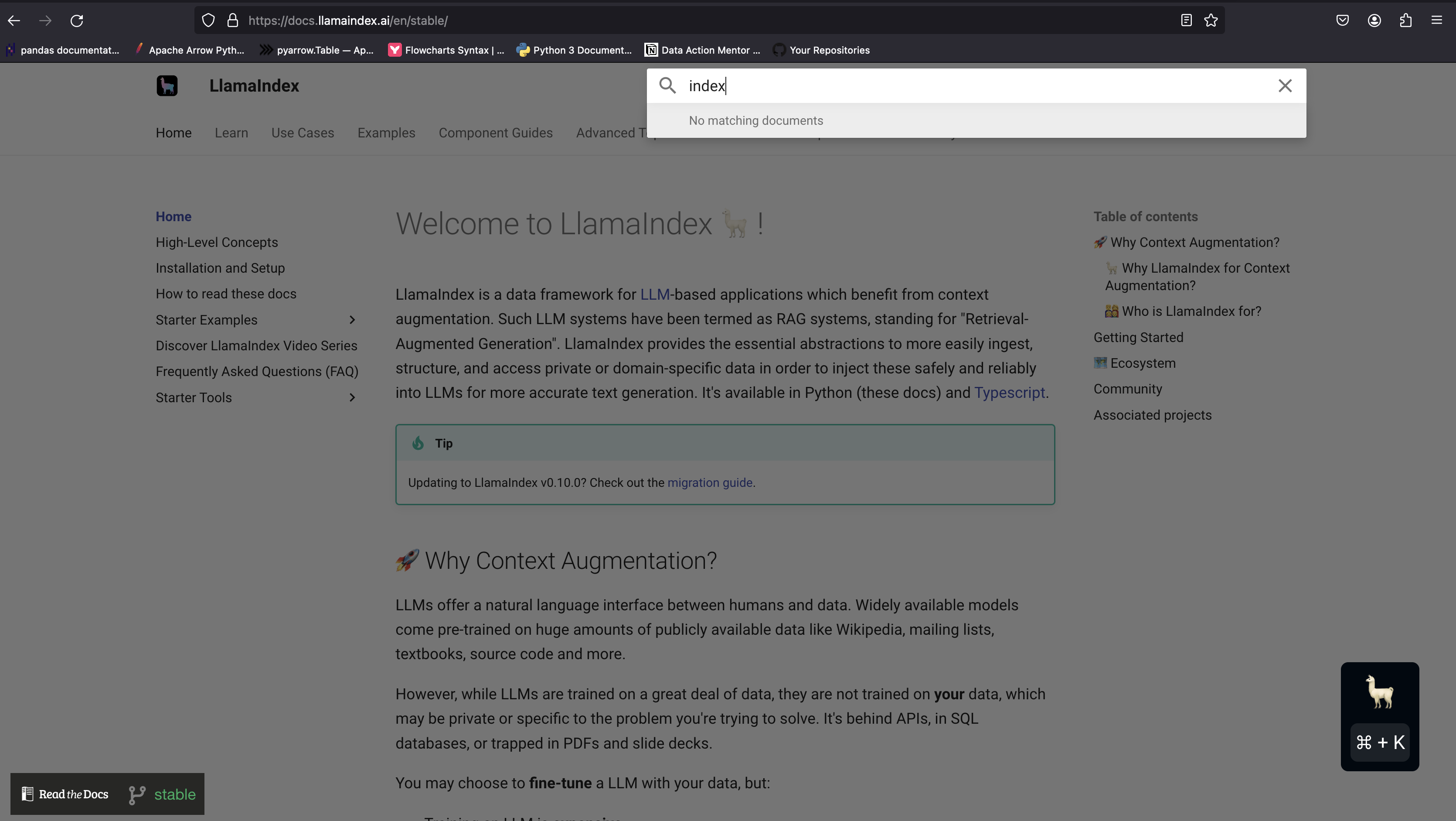 Screenshot of the Llmalindex documentation website showing the homepage with headings like "Why Context Augmentation?" and a navigation bar with tabs such as Home, Learn, and Use Cases. A search bar is visible with the word 'index' entered.