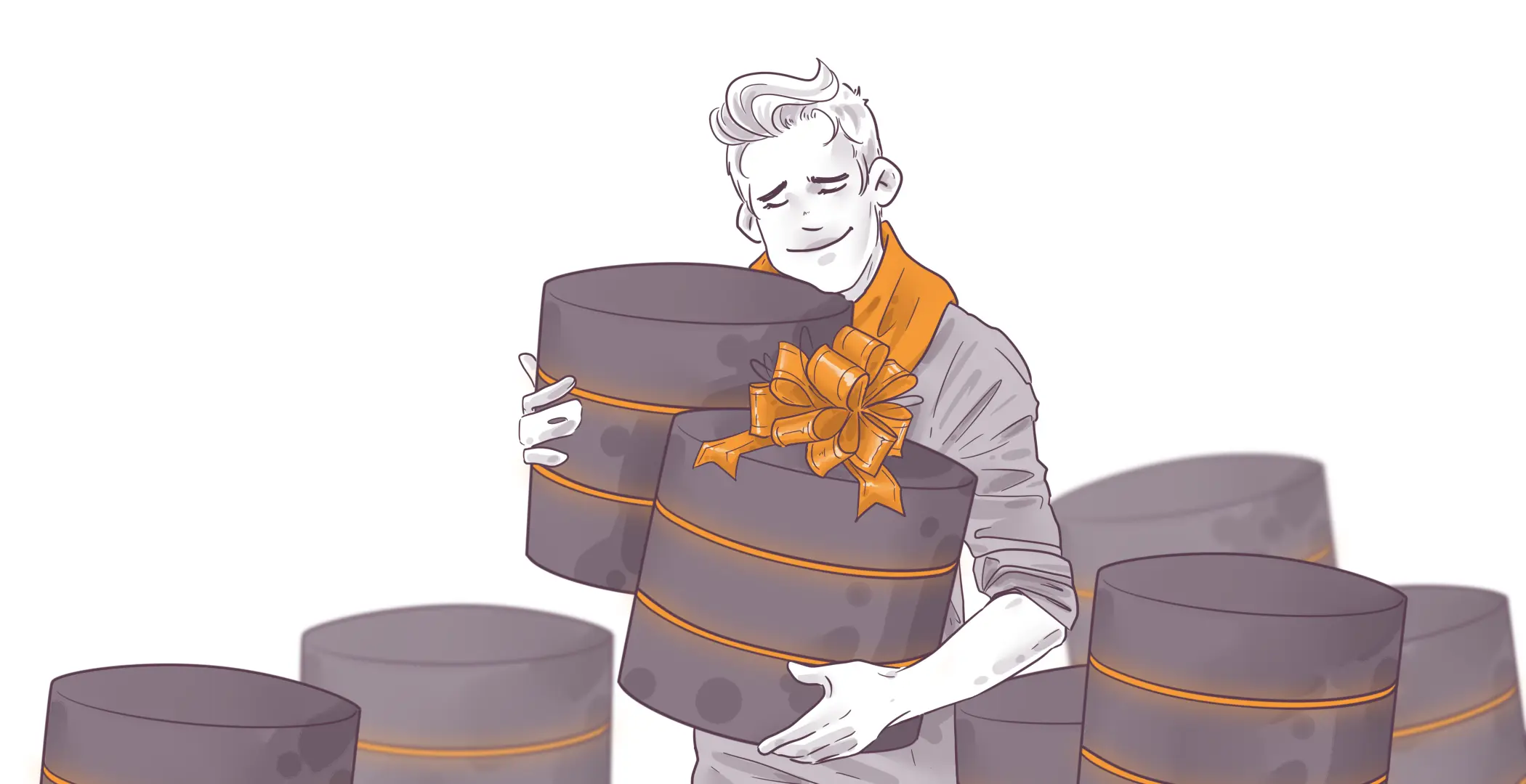 Illustration of a content man holding a large round gift box with a bow, surrounded by similar boxes, all in a monochrome purple and gold color scheme.