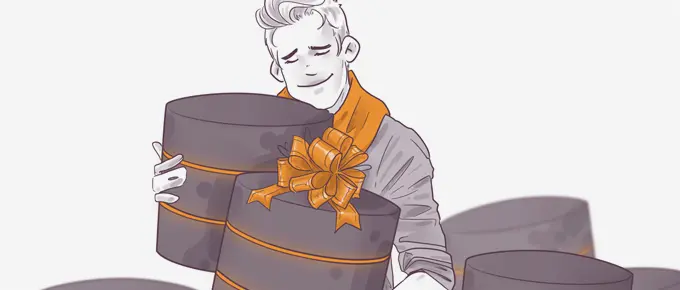 Illustration of a content person holding a large, round gift box with an orange ribbon and bow, with more boxes in the background, in a monochrome color scheme.