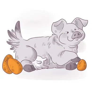 Illustration of a happy cartoon pig with wings and orange shoes lying on its side.