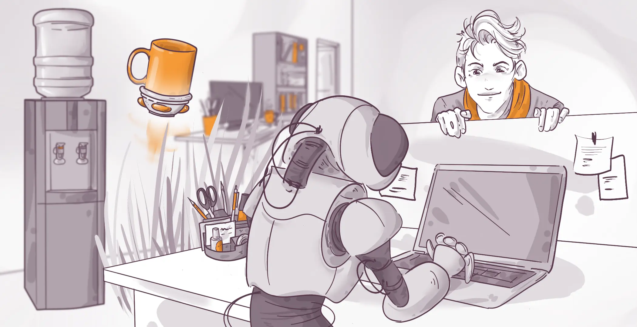 Illustration of an astronaut working at a desk with a laptop, a floating coffee mug, and a person peeking over a partition wall in an office setting.