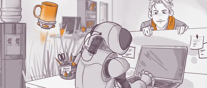 Illustration of a person looking over a cubicle at a humanoid robot working on a laptop with a floating coffee cup above, suggesting a busy office environment.