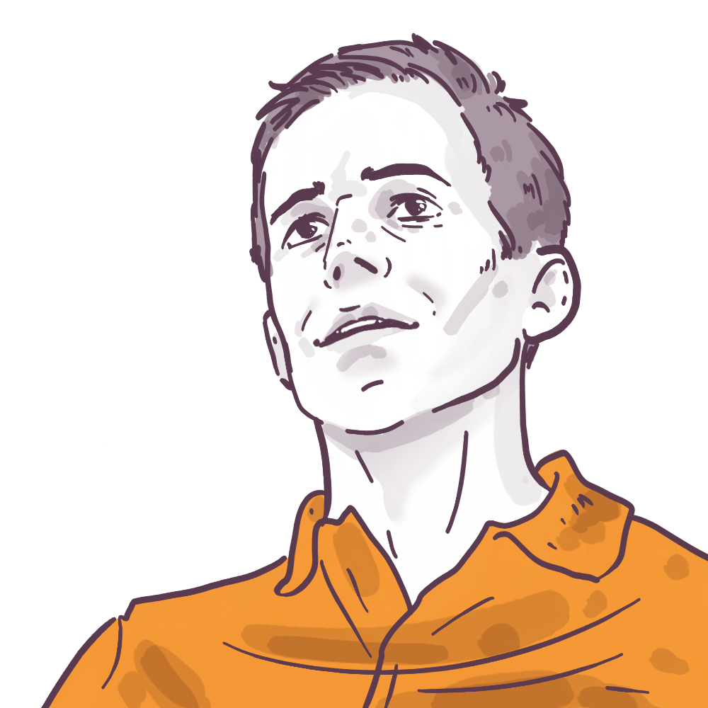 Illustration of a pensive man in an orange shirt looking upwards, white and purple tones on a dark background.