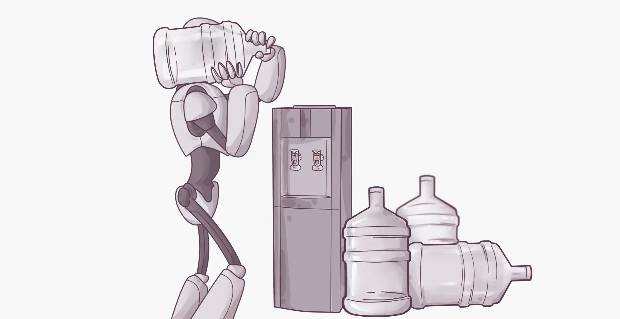 Illustration of a humanoid robot replacing a water cooler jug, with empty jugs lying beside it.