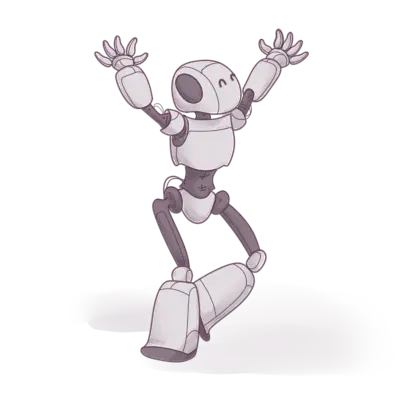 Animated character resembling a robot with a humanoid form, celebrating or cheering with arms raised, against a plain background.