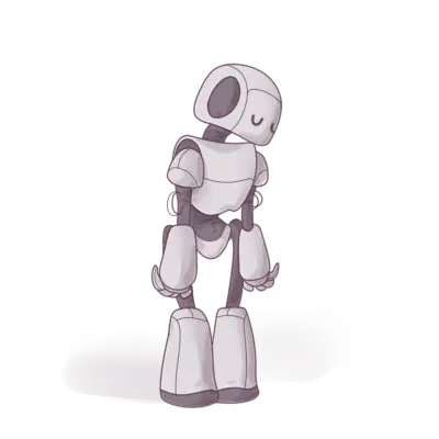 Illustration of a friendly-looking, bipedal cartoon robot with round head and white body, standing against a transparent background.