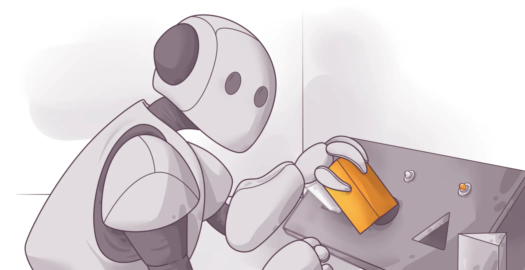 An illustration of a humanoid robot using a screwdriver on a piece of machinery with various geometric shapes and screws on the surface.