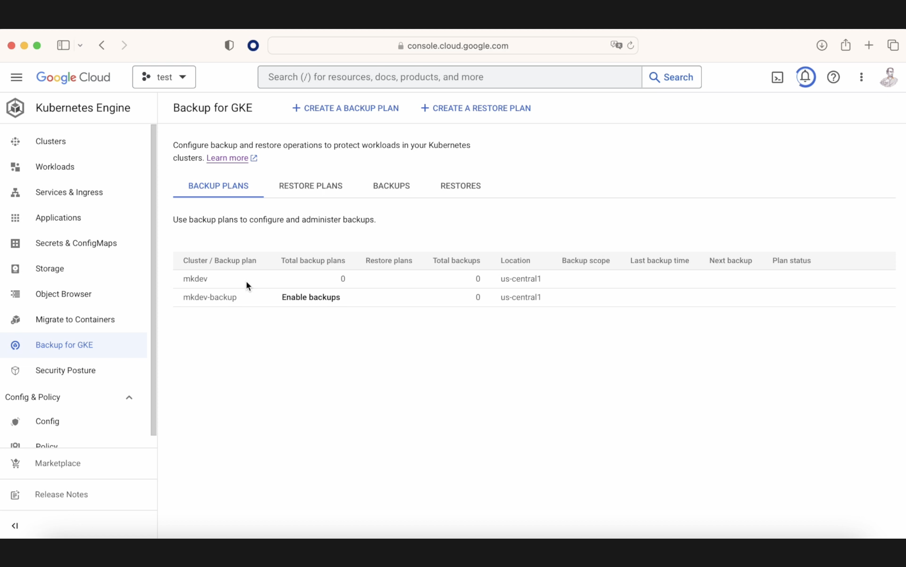 Screenshot of Google Cloud console showing Kubernetes Engine 'Backup for GKE' interface with backup plan options and an existing backup plan named 'mkdev-backup'.