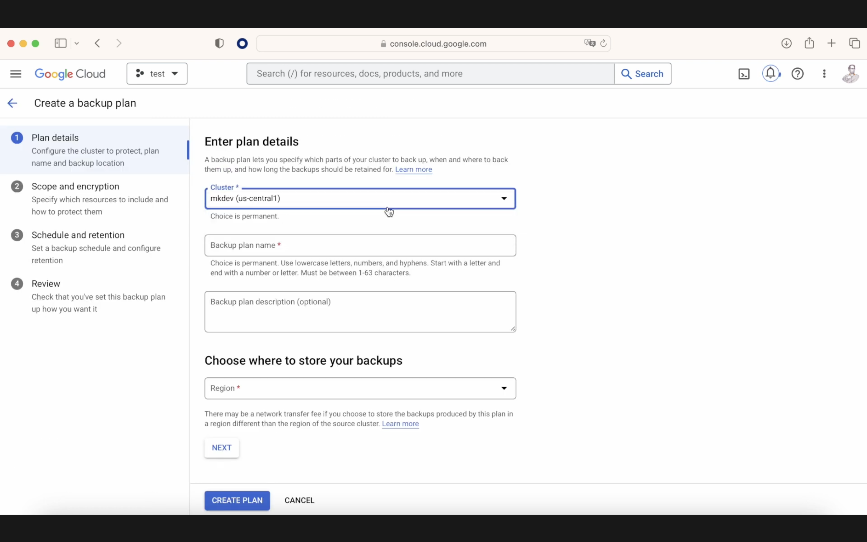 Screenshot of the Google Cloud Console interface showing the 'Create a backup plan' page, with fields for entering cluster, backup plan name, and storage region.