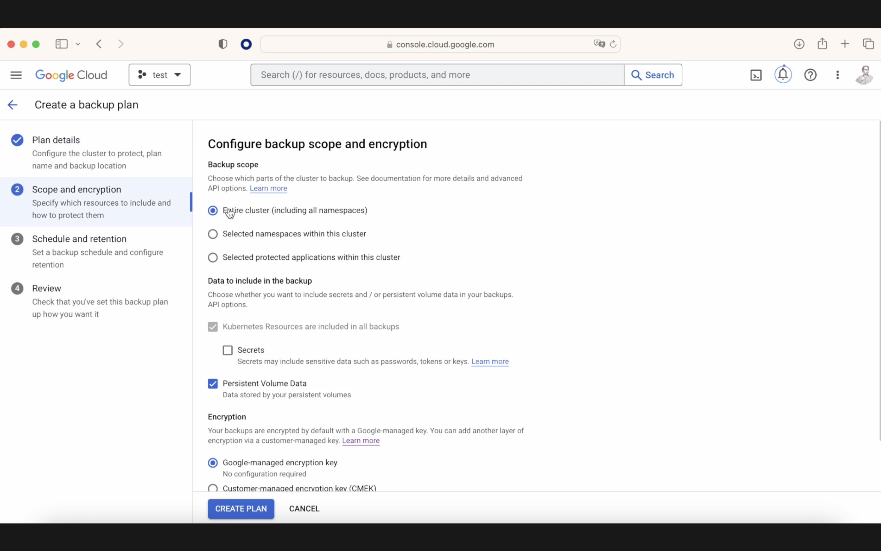 Screenshot of the Google Cloud console displaying a 'Create a backup plan' page with options for backup scope, data inclusion, and encryption settings for data protection.