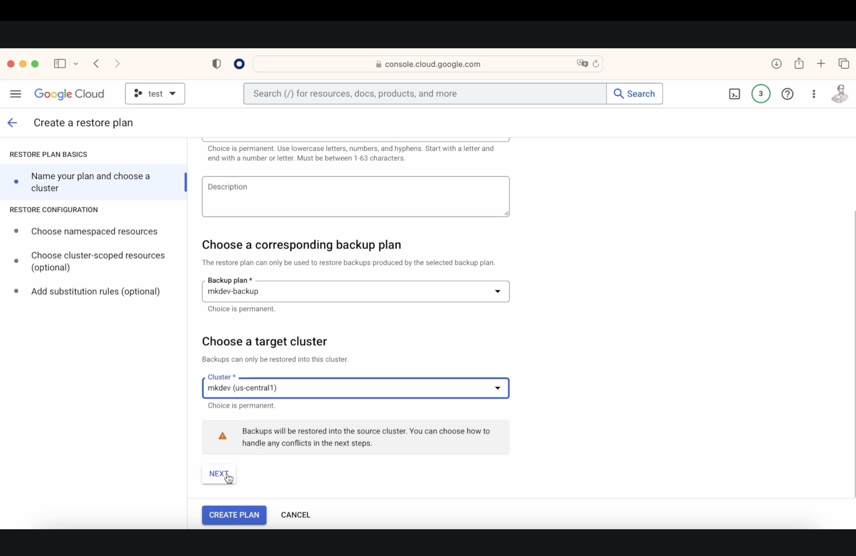 Screenshot of a Google Cloud console interface for creating a restore plan, showing fields for naming the plan, selecting a backup plan, and choosing a target cluster.