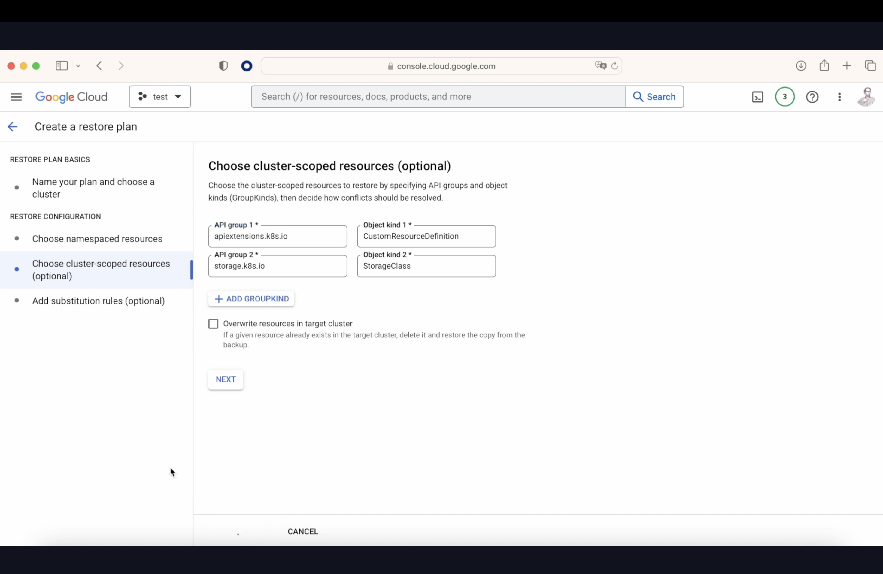 Google Cloud Console interface showing a 'Create a restore plan' screen with options for naming the plan, choosing a cluster, and selecting cluster-scoped resources.